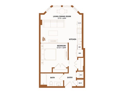 A floor plan of a house with a living/dining room, kitchen, bedroom, bathroom and entry.